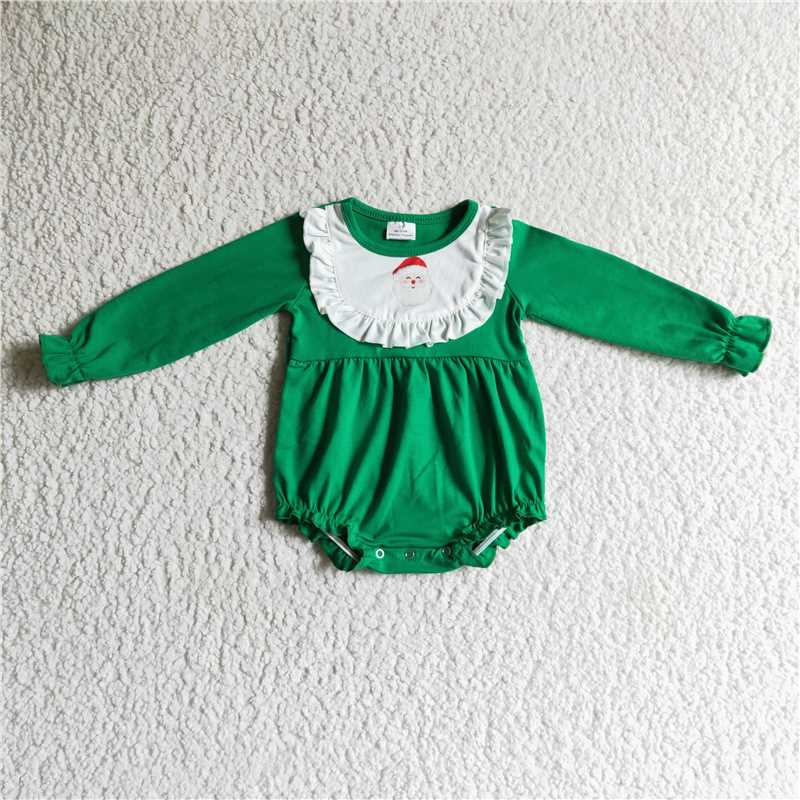 12.4 RTS NO MOQ （In stock）LR0173 Baby girls green santa Christmas rompers