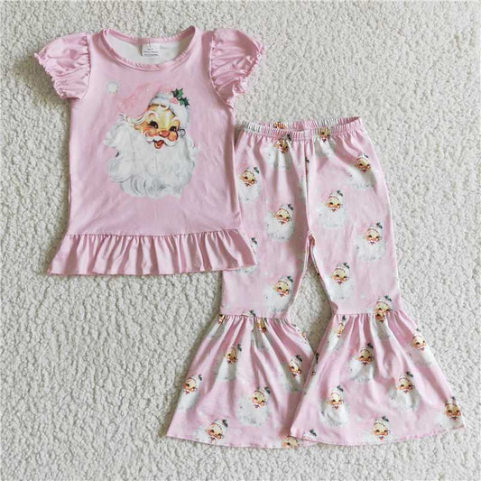 11.14 RTS NO MOQ （In stock）GSPO0202 Baby girls pink santa Christmas bell pants clothes sets
