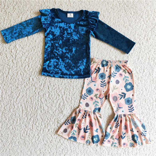 GLP0220Blue velvet shirt floral bell bottom pants baby kids fall clothes