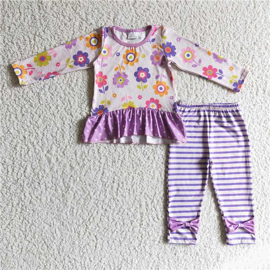 GLP0225Floral shirt lavender stripes leggings girls clothing set