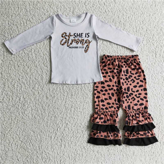 GLP0335She is strong shirt leopard ruffle pants girls clothing set