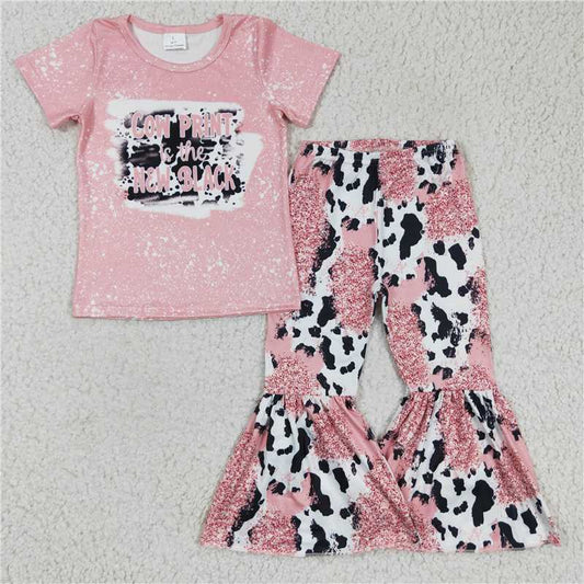 GSPO0223 Girls cow print pink cow print short-sleeved trousers suit