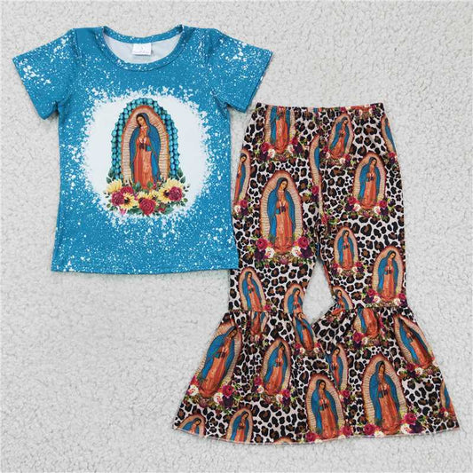GSPO0272 Girls Virgin Mary blue short-sleeved trouser suit