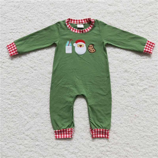 RTS LR0232 boys embroidered Santa Claus cookie milk green long sleeve bodysuit