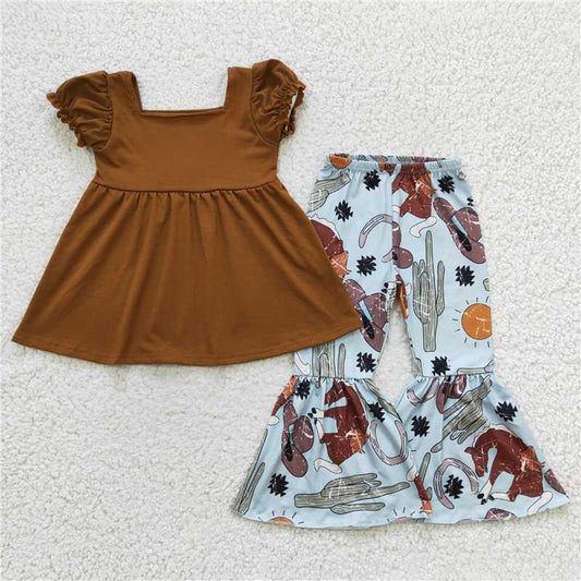 GSPO0374 Girls Horse Cactus Sun Brown Short Sleeve Pants Set