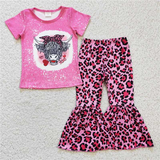 GSPO0334 Girls' Alpine Cow Rose Red Short Sleeve Leopard Print Trousers Set