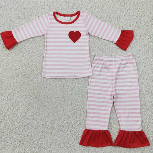 GLP0383 Red heart embroidery pink stripe baby girls valentine's pajamas