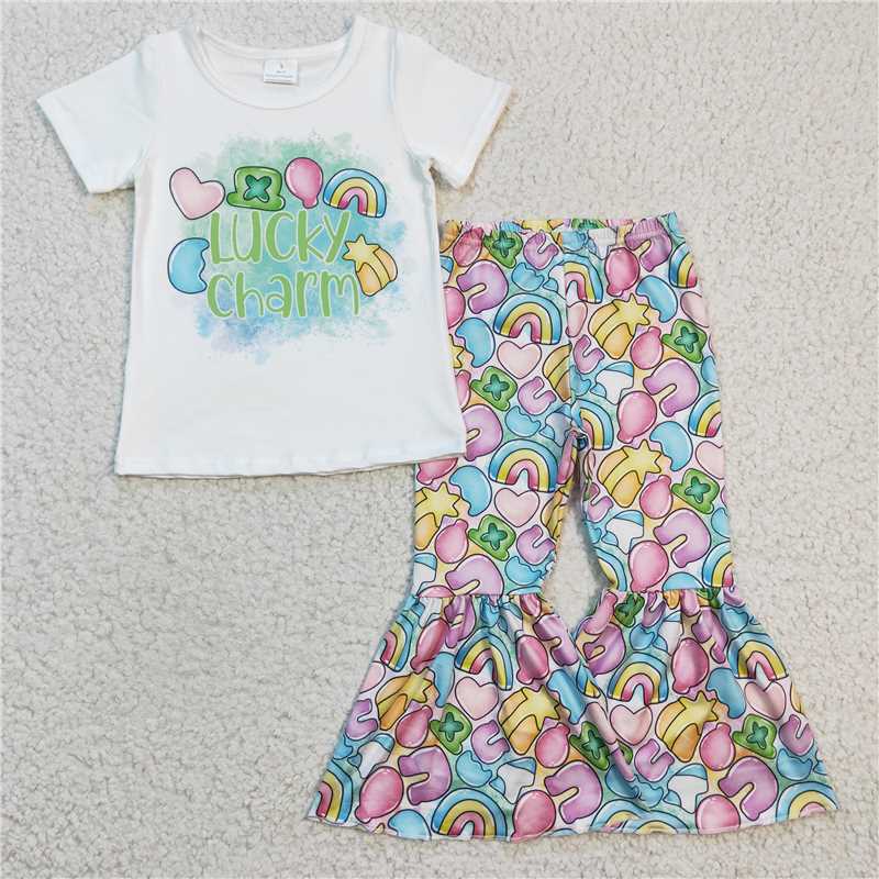 GSPO0303 Girls lucky charm rainbow short-sleeved trousers suit