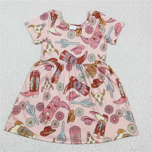 GSD0205 Girls' Bull Head Boots Cactus Short Sleeve Dress