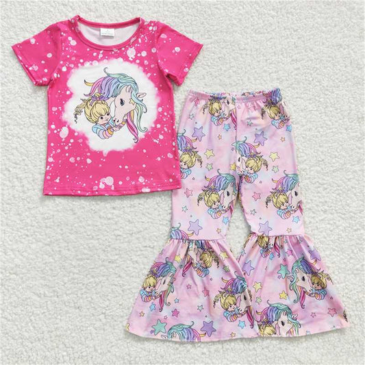 GSPO0465 Girls unicorn little girl rose red short-sleeved trousers suit