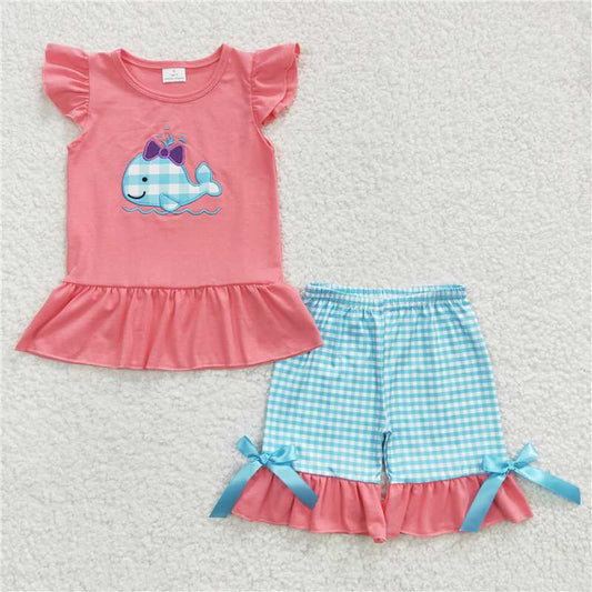 GSSO0150Whale embroidery shirt plaid shorts girls summer clothes