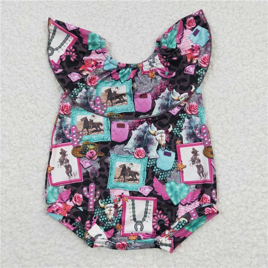 SR0219  Baby Girls Off Shoulder Ruffle Western Rompers