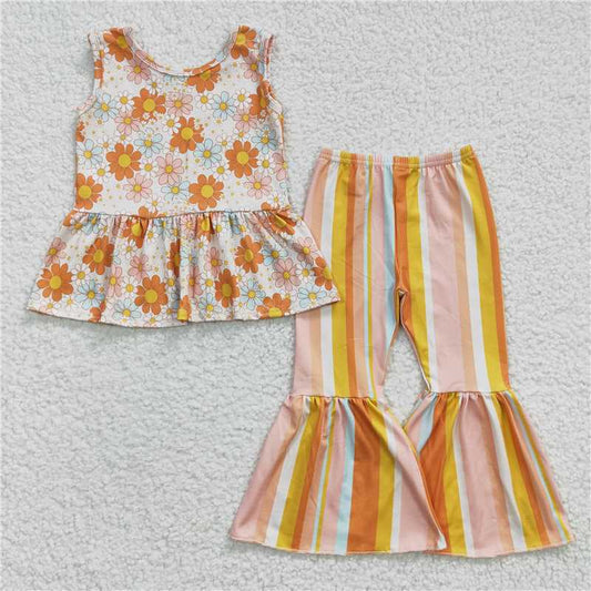 GSPO0508 Girls orange floral sleeveless colorful striped trouser suit