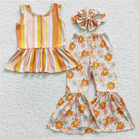 GSPO0509 Girls colorful striped sleeveless orange floral trouser suit