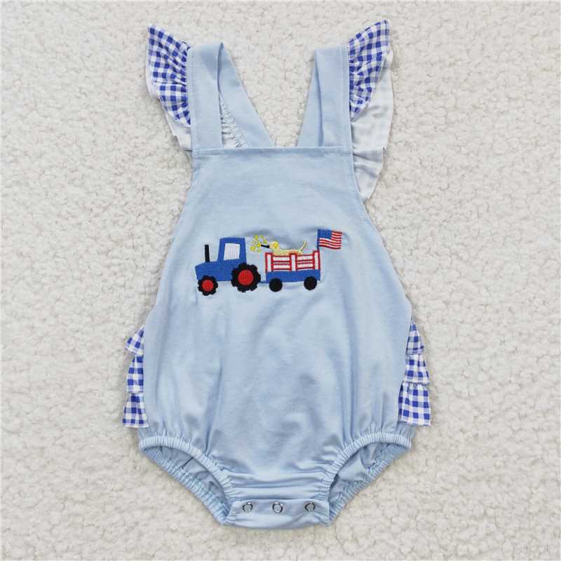 SR0274 Embroidery Baby Girls 4th of July Dog Ruffle Bubble Rompers