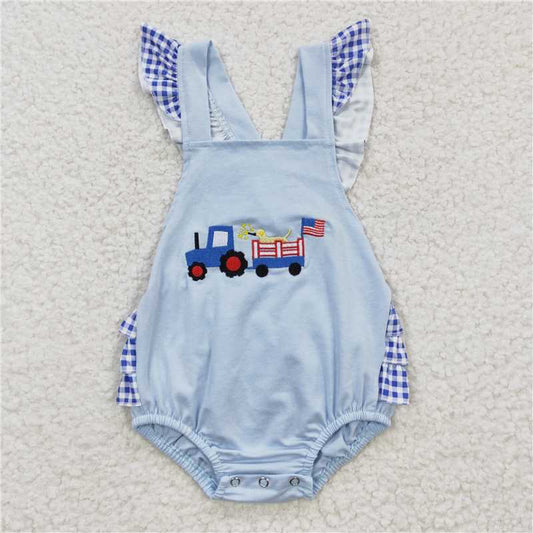 SR0274 Embroidery Baby Girls 4th of July Dog Ruffle Bubble Rompers