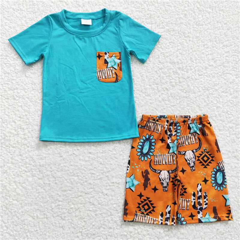 BSSO0140 Sales New RTS No Moq Promotion Baby Boys Summer Western Cow Pockets Shorts Sets
