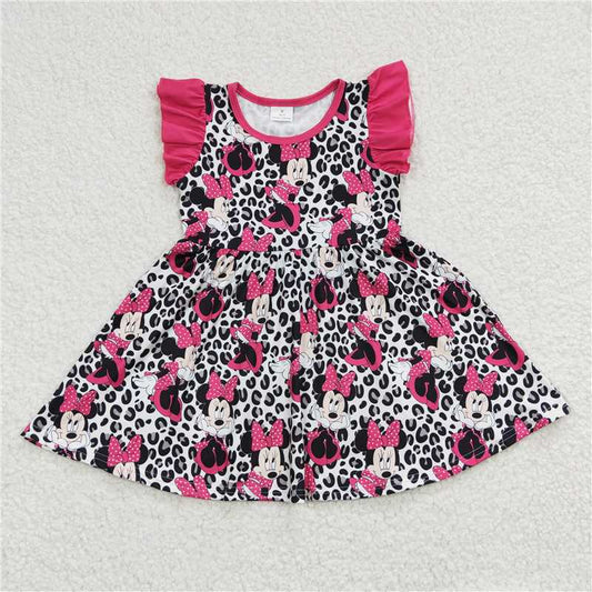 GSD0214 Girls Mickey black leopard print flying sleeve dress