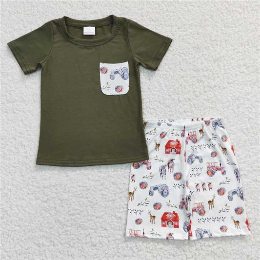 BSSO0131 Sales New RTS No Moq Promotion Baby Boys Farm Green Top Pocket Summer Shorts Clothes Sets