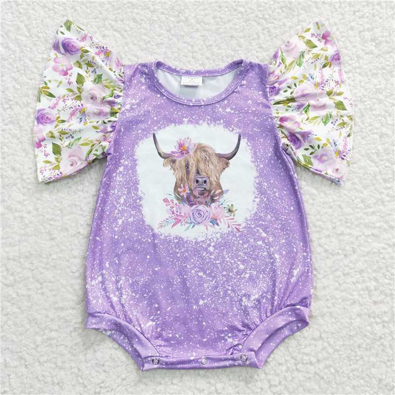 SR0118 Baby Purple Girls Cow Flowers Rompers