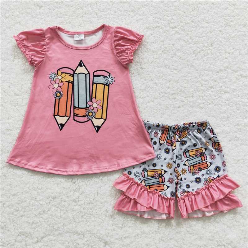 GSSO0356 Girls back to school Flower Pencil Pink Short Sleeve Shorts Set