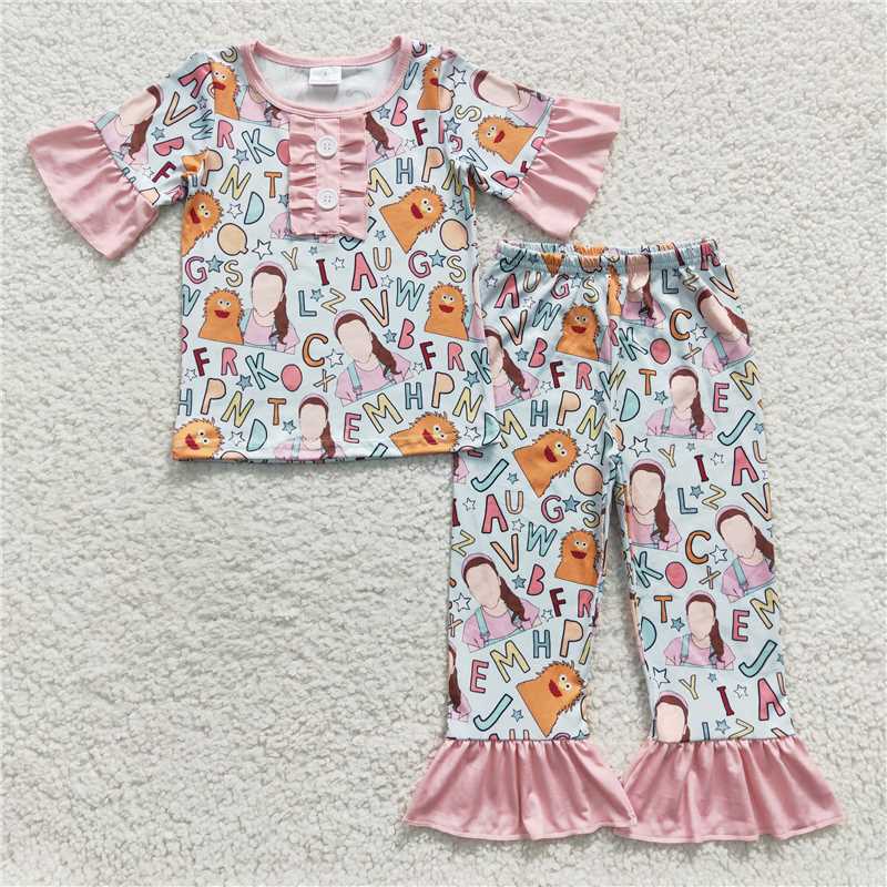 GSPO0669 Letter cartoon Ms. Rachel pink lace short-sleeved trousers suit