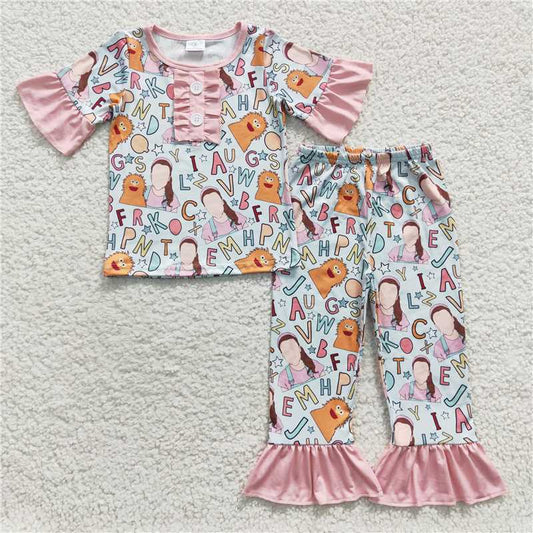 GSPO0669 Letter cartoon Ms. Rachel pink lace short-sleeved trousers suit