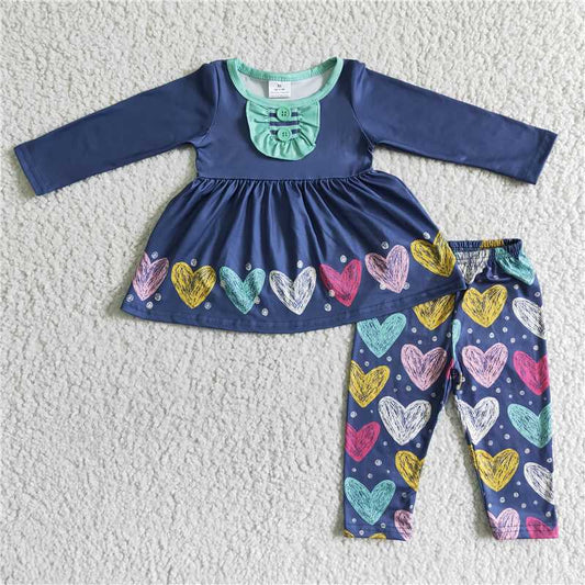 12.13 RTS NO MOQ （In stock）6 A23-7 baby girls Valentines navy hearts legging sets