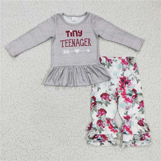 6 B12-17Tiny teenager grey top triple ruffle pants children clothing outfits