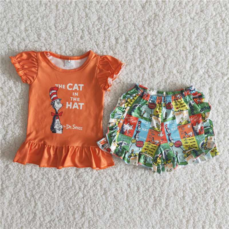 A6-16 Dr Seuss orange short-sleeved top and printed shorts set