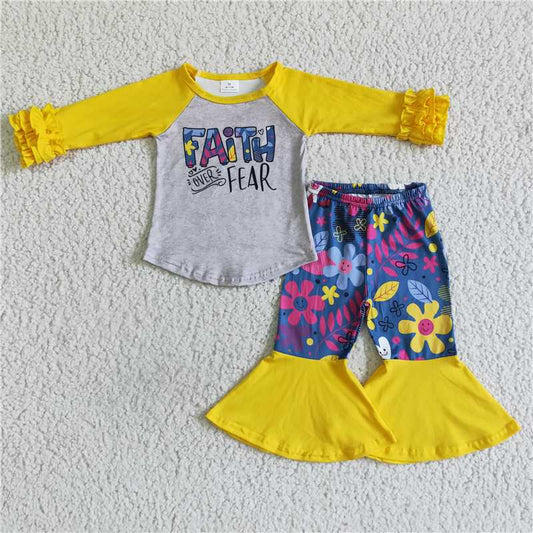 6 A25-4Faith over fear shirt bell bottom pants wholesale kids fall clothing