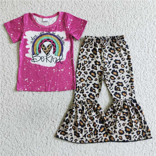 B15-23 Baby Girls be kind rainbow leopard bell pants sets