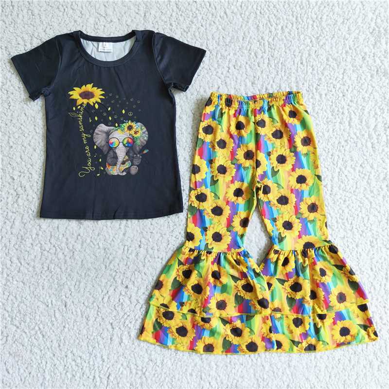 B16-10 Short-sleeved Elephant Top Sunflower Bell-bottomed Pants Set