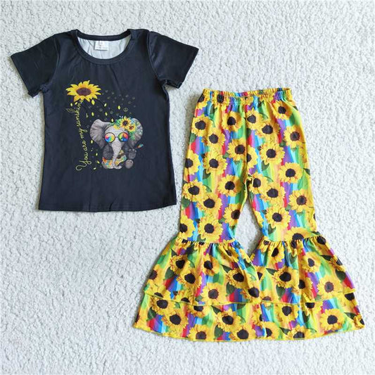 B16-10 Short-sleeved Elephant Top Sunflower Bell-bottomed Pants Set