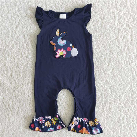 B8-11 Embroidery  Easter navy bunny rompers