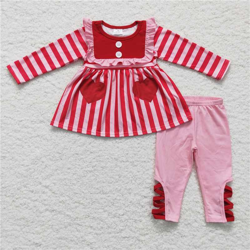 12.15 RTS NO MOQ （In stock）6 B11-22 Baby Girls Valentines Pink Stripe Pocket Cross Legging Clothes Sets