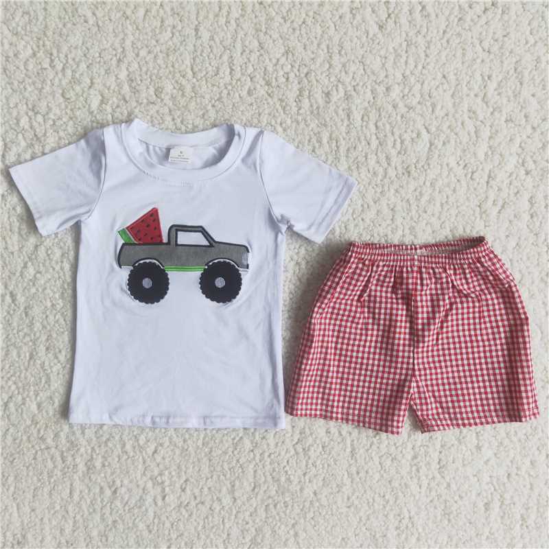 C15-3 Sales New RTS No Moq Promotion Baby boys Watermelon tractor plaid outfits