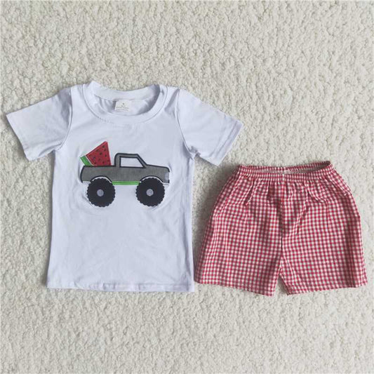 C15-3 Sales New RTS No Moq Promotion Baby boys Watermelon tractor plaid outfits