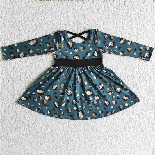 6 A1-3  Leopard long sleeve girls twirl dresses