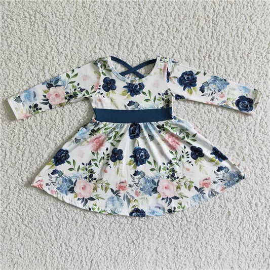 6 A8-5 Baby girls navy floral belt knee length dresses