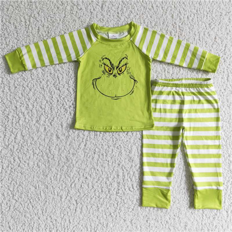 Baby kids red and green Christmas green furry monster print long sleeve long pants pajama set
