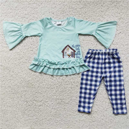 6 C10-27Nativity print shirt blue plaid leggings Christmas outfits