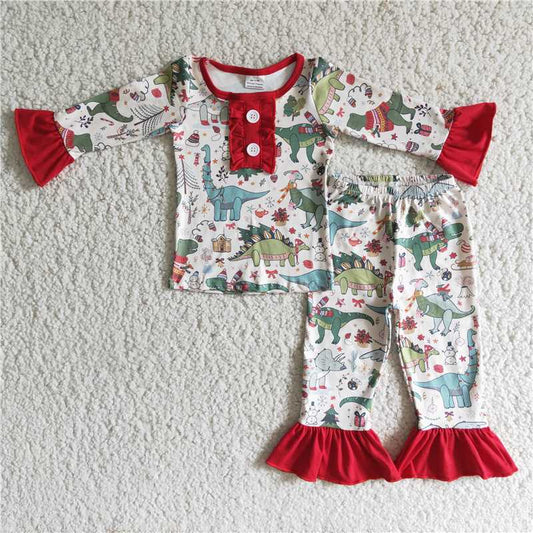 6 A4-30 Girls Button Dinosaur Pajama Set