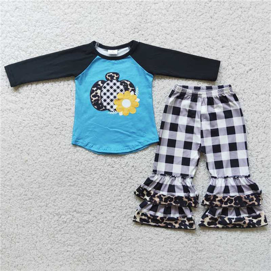 6 A2-17Floral pumpkin print plaid ruffle pants girls fall set