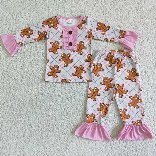 6 A1-27Pink gingerbread print girls Christmas pajamas
