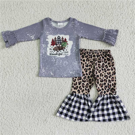 6 A3-5 Christmas tree grey long sleeve leopard check flared pants suit