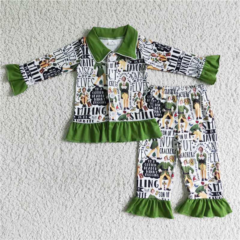 6 B6-5 Girls elves green pajamas long sleeves and long pants set 400g