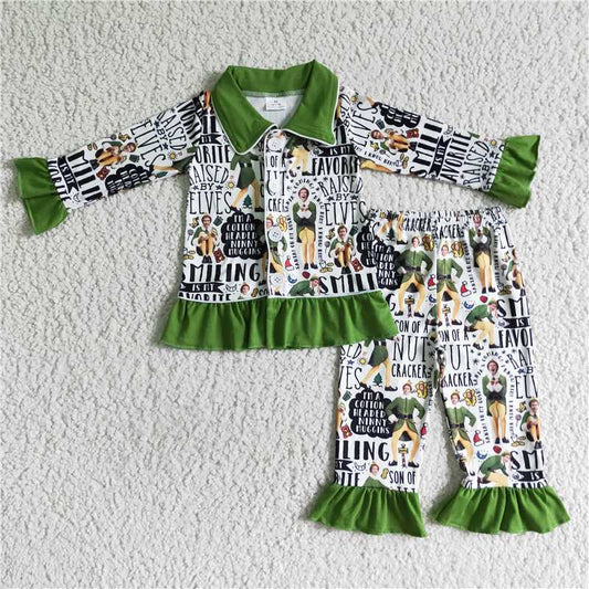 6 B6-5 Girls elves green pajamas long sleeves and long pants set 400g