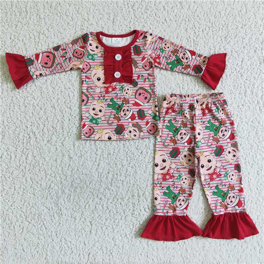 6 A6-29 Girls coco melon long-sleeved and long-pants pajama set