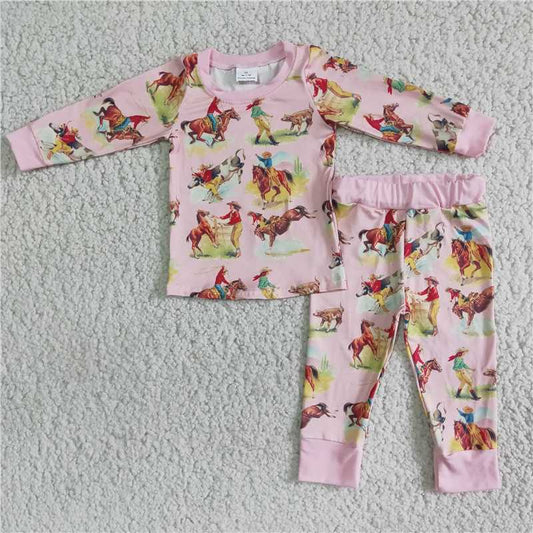 6 B9-20Horse print pink girls long sleeve pajamas